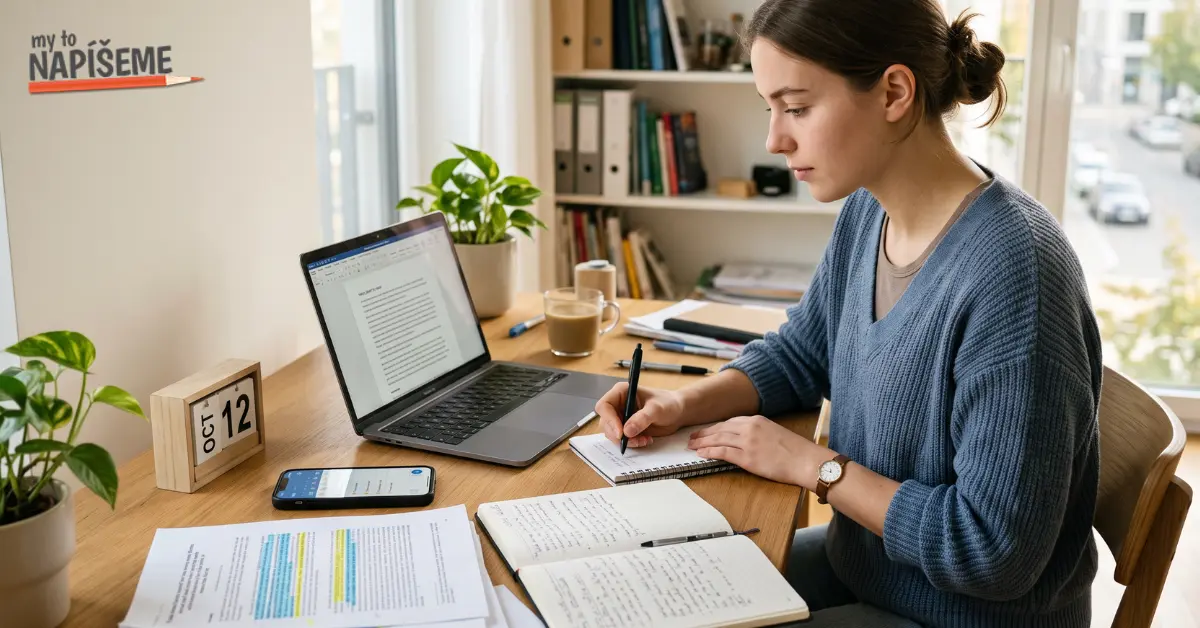 Študentka píše poznámky pri notebooku s otvoreným dokumentom a materiálmi na stole